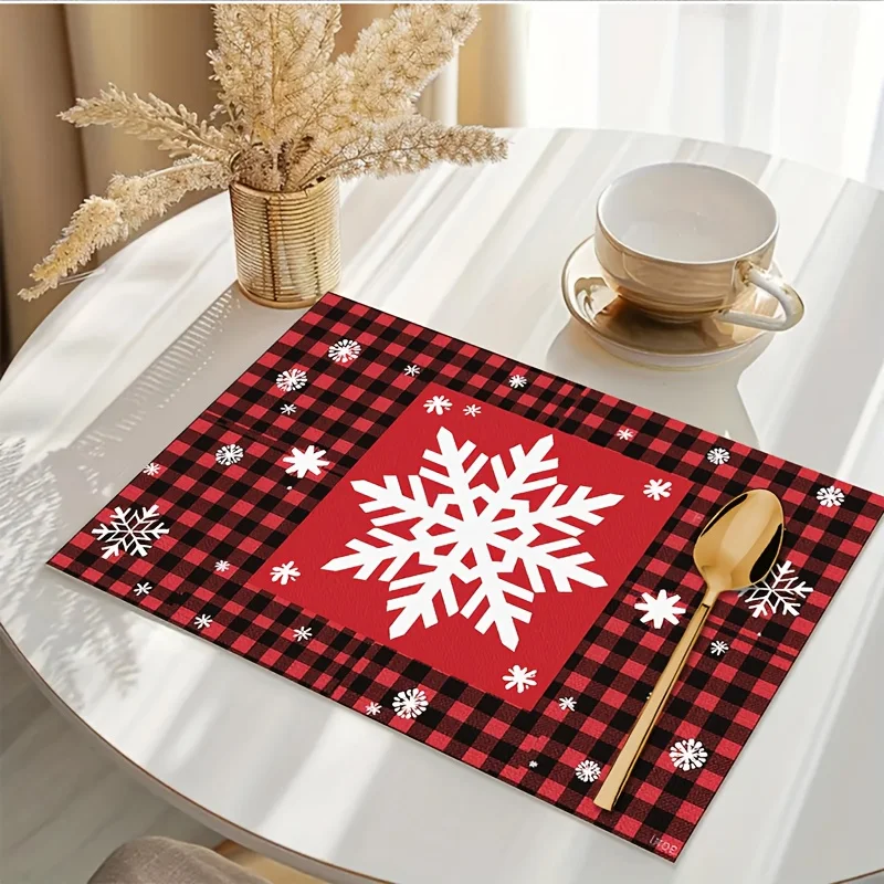 Christmas Placemats Buffalo Plaid Table Mats with Red & Black Snowflake Pattern, Large 11.8x17.72 Inch Square Dining