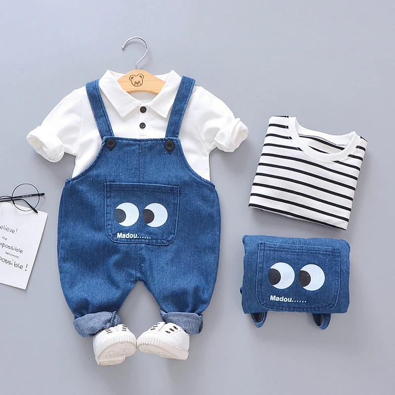 Baby boy clothes spring and autumn denim overalls baby boy cotton striped casual clothes cartoon jeans baby two-piece suit