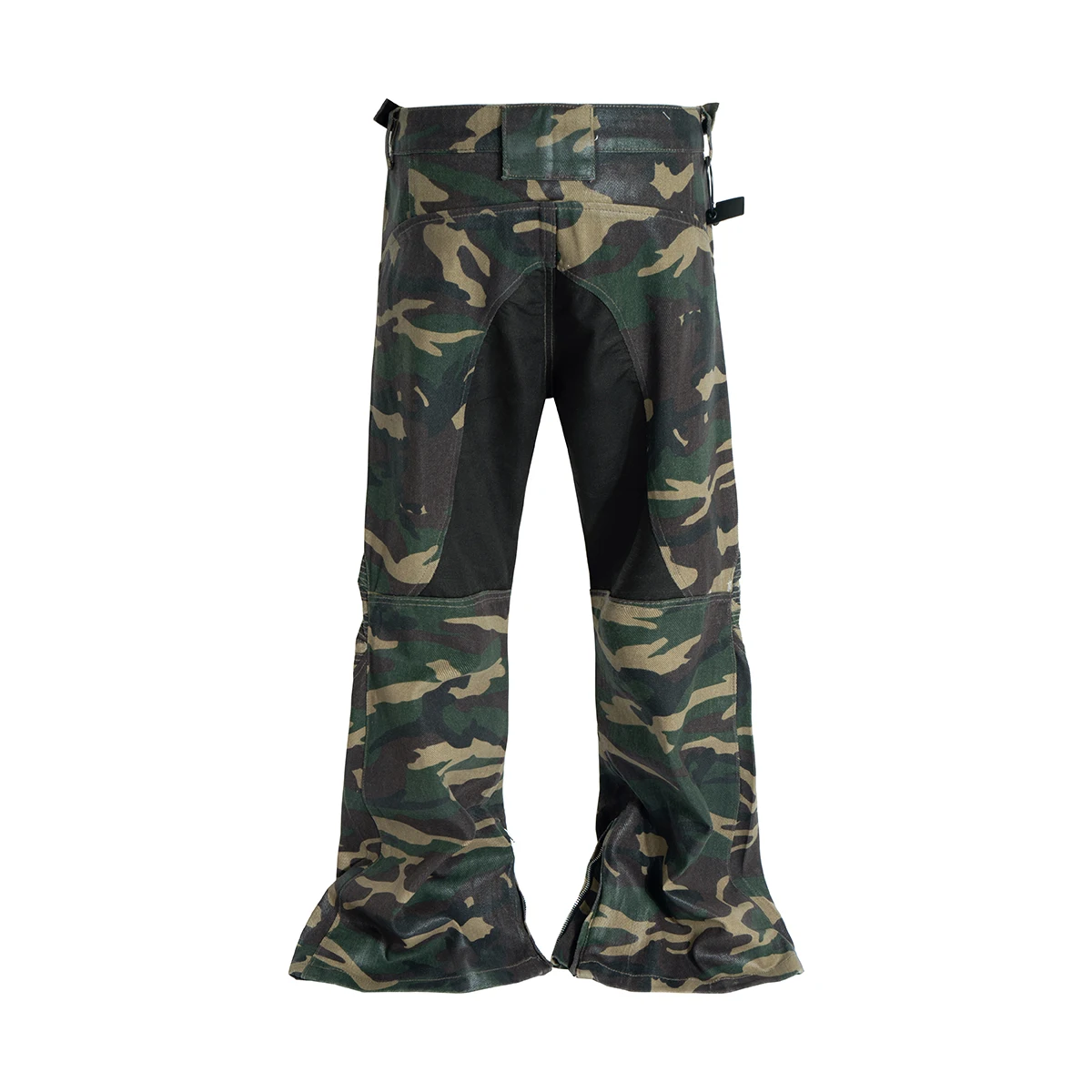 Camouflage Coated Micro Flared Motorcycle Pants for Men Patchwork Baggy Jeans Ankle Zipper Boot Cut Oversized Denim Cargos