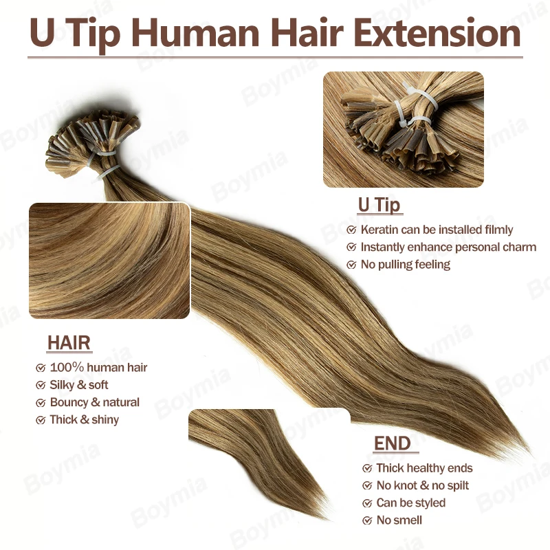 U تلميح وصلات شعر شعر بشري حقيقي بني فاتح U تلميح الكيراتين ملحقات تصفيفة الشعر للارتداء اليومي مظهر طبيعي 50 جرام 50 ثانية #3