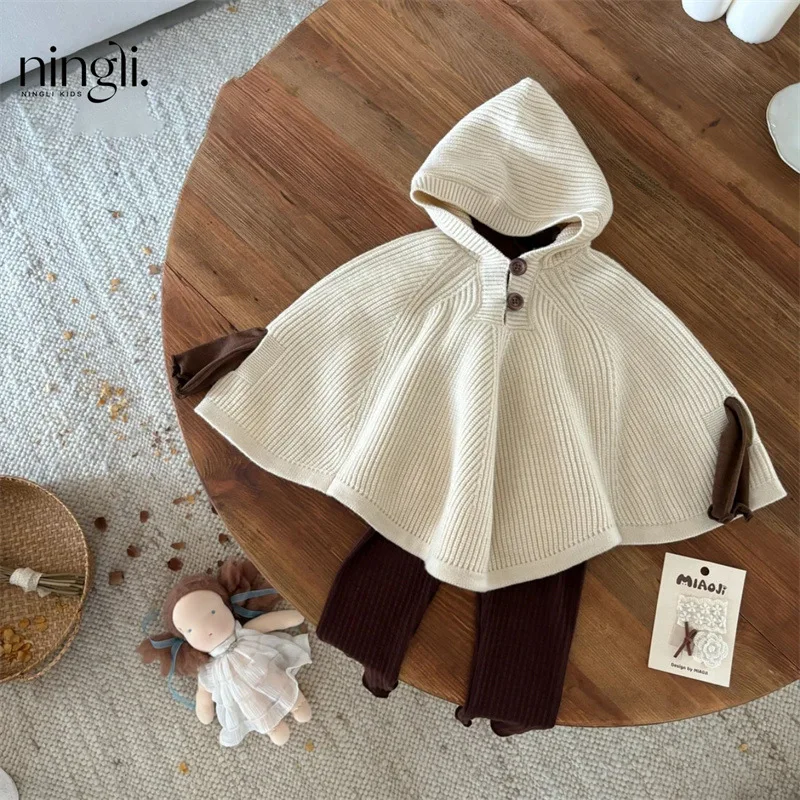 Autumn Children24New Baby Windproof Hood Knitwear Sweater Western Style Solid Color Cape Cloak