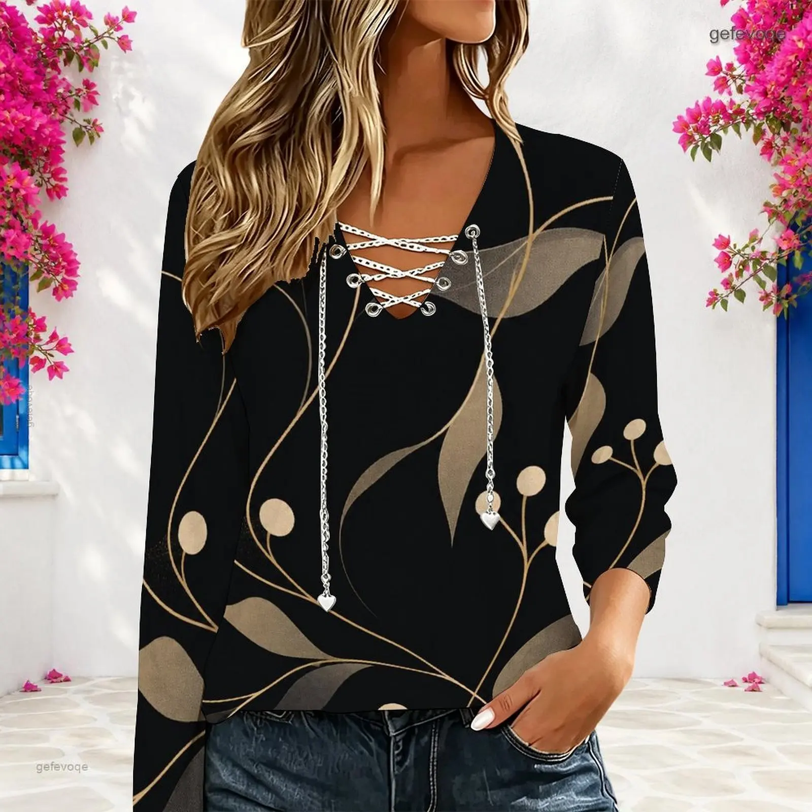 Women Black Abstract Vine Leaf Dot Printed V Neck Lace Up Long Sleeve Top