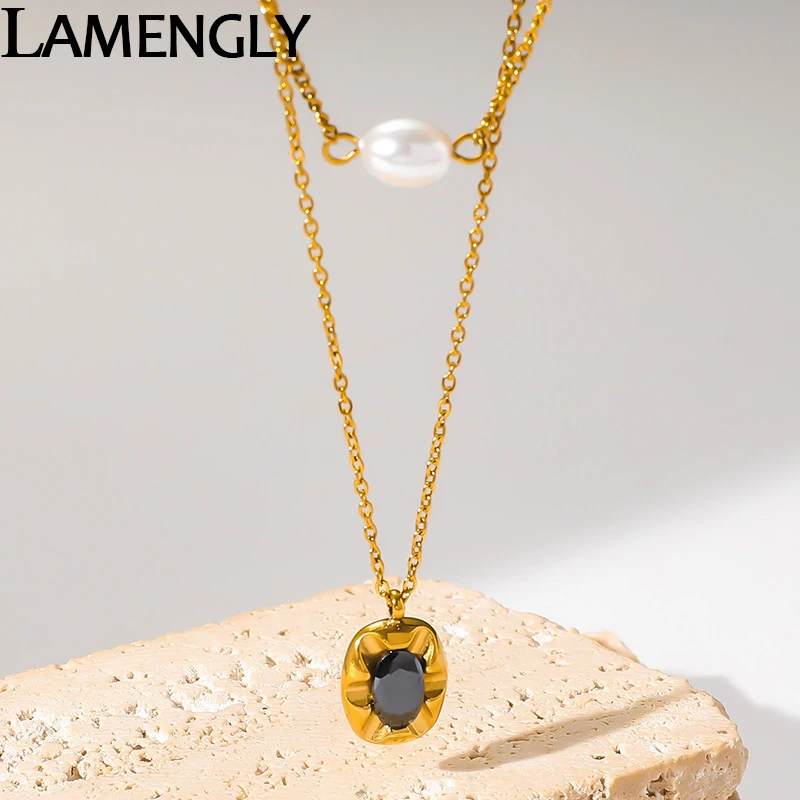 LAMENGLY 316L Stainless Steel Creative Dual Chain Design Oval Black Crystal Pendant Necklace For Women New Trend Neck Chain Gifs