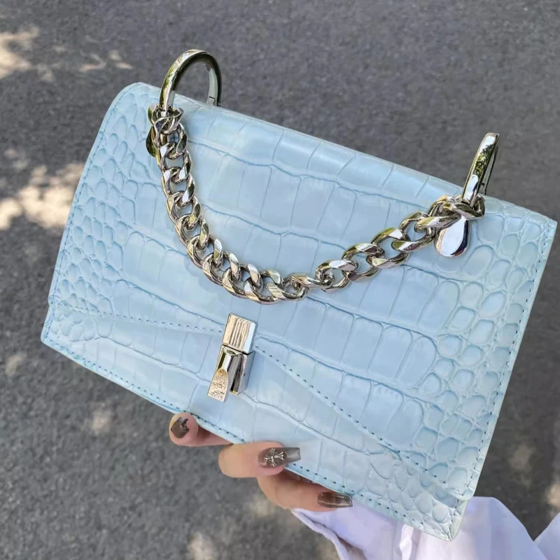 

Blue Chain Handbags For Women 2024 Trend New High Quality Crocodile Fashion Shoulder Bag Original Brands Designer Crossbody Bag