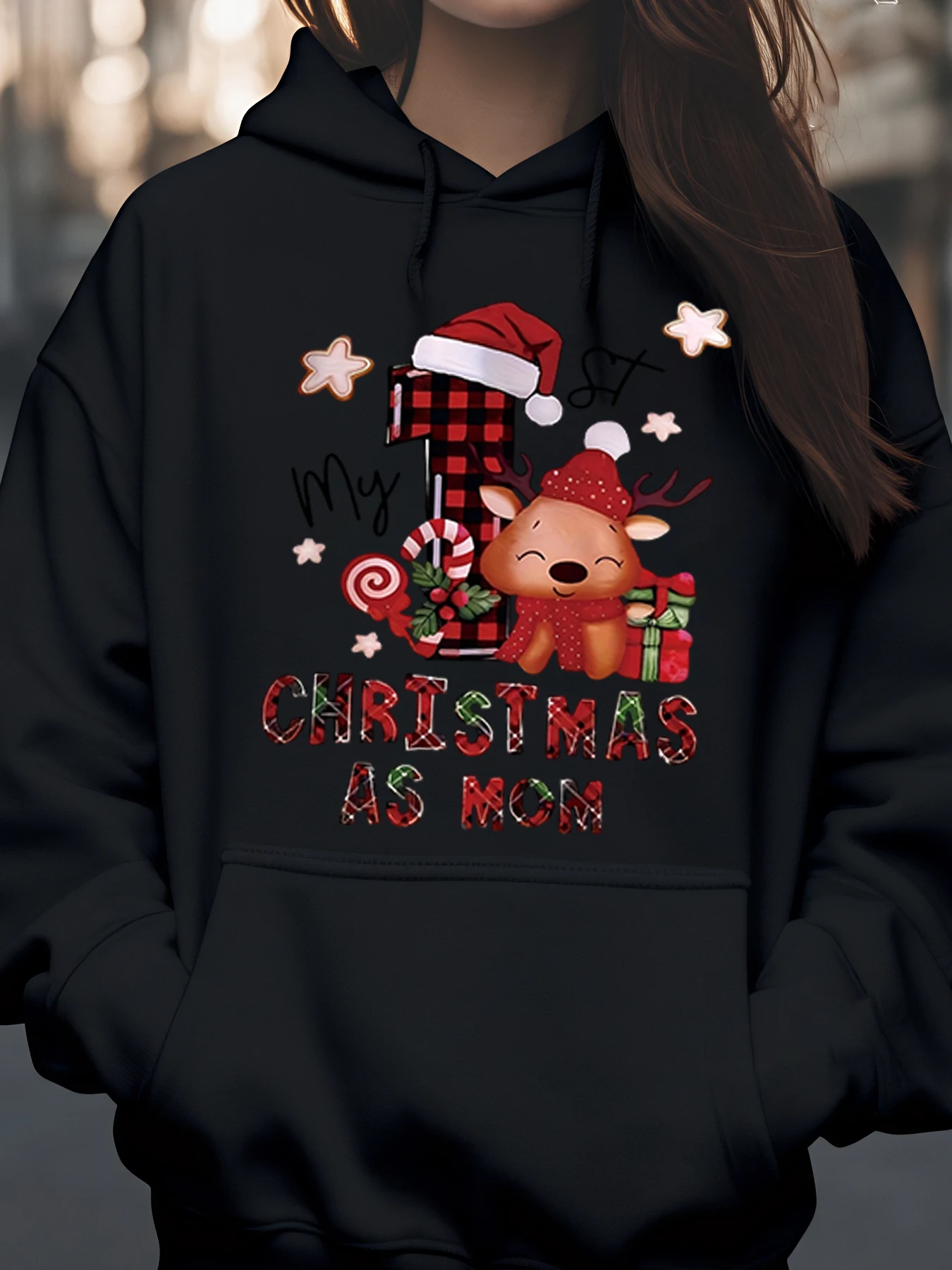 

Рождественская толстовка с изображением оленей и конфетной трости для женщин, праздничный подарок для мамы, одежда для рождественской вечеринки