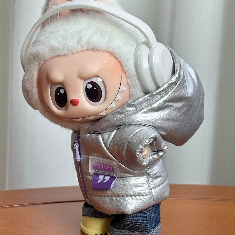 For 15 17cm Labubu Doll Winter Down Vest With Jeans Shoes Complete Outfit Clothes Down Jackets Laser Skiwear Fashion Clothing