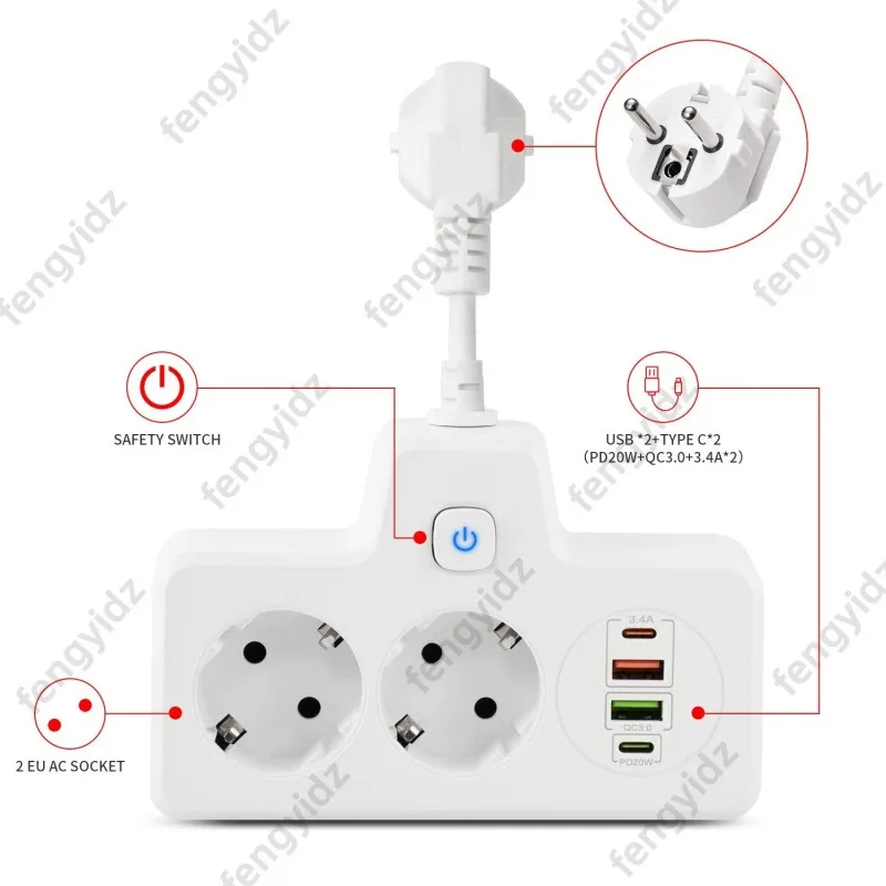 fydz Power Strip with USB Multiple Socket 2 Way 2 USB 2Type C Wall Socket Adapter With LED Multiple Plug for Office Home Travel