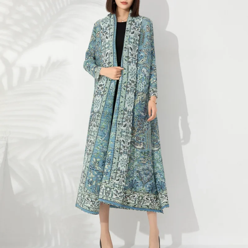 Miyake Pleated Turndown Collar Vintage Printed Long Sleeve Dress Women 2024 New Original Designer Abaya Fashion Classical Coats