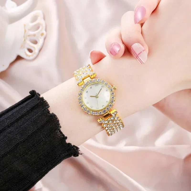 Fashion Women Watch Diamond Bracelet+ring+necklace+earrings Sky Scale Ladies Watches Bracelet K Gold Chain Clock for Female