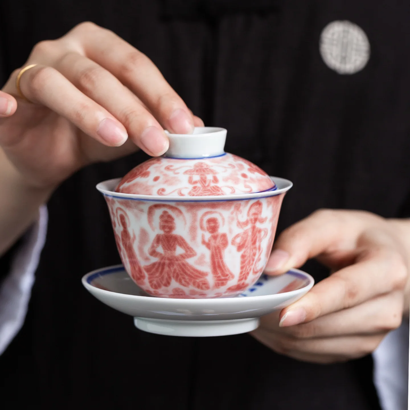 Chinese Retro Blue White Fish Algae Pattern Sancai Gaiwan Kung Fu Tea Set Single Tea Bowl for Household Tea Brewing Accessory