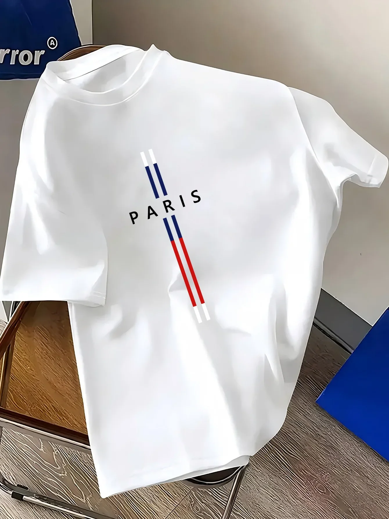 

Men's summer 100% cotton mature fashion loose Paris print casual slim round neck short sleeve T-shirt short sleeve