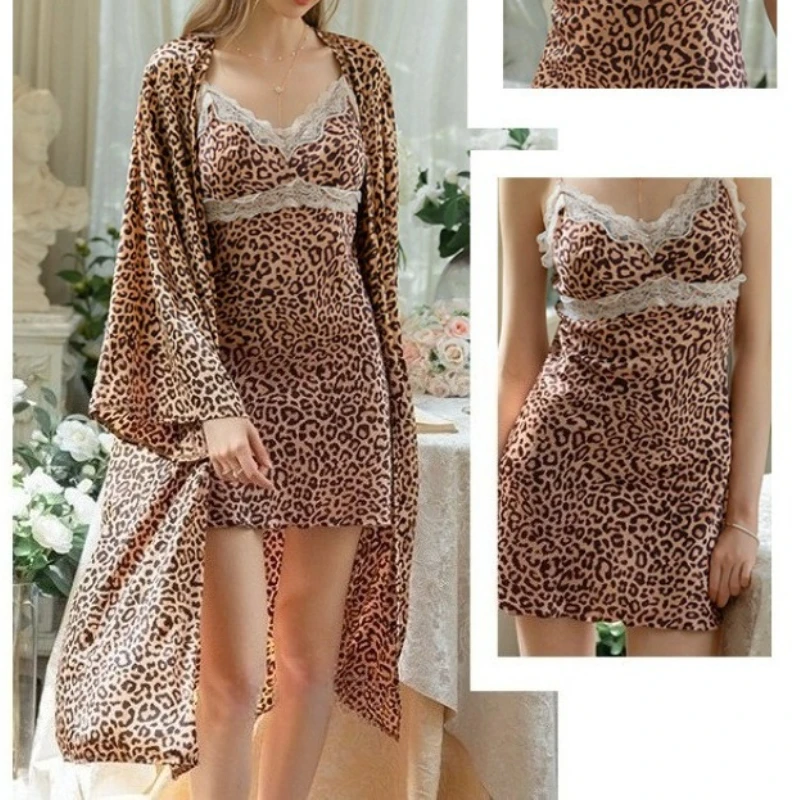 B New Ladies Elegant Leopard Sleep Dress V Neck Backless Slip Nightgown Decorated With Lace Daily Relaxing Home Nightwear