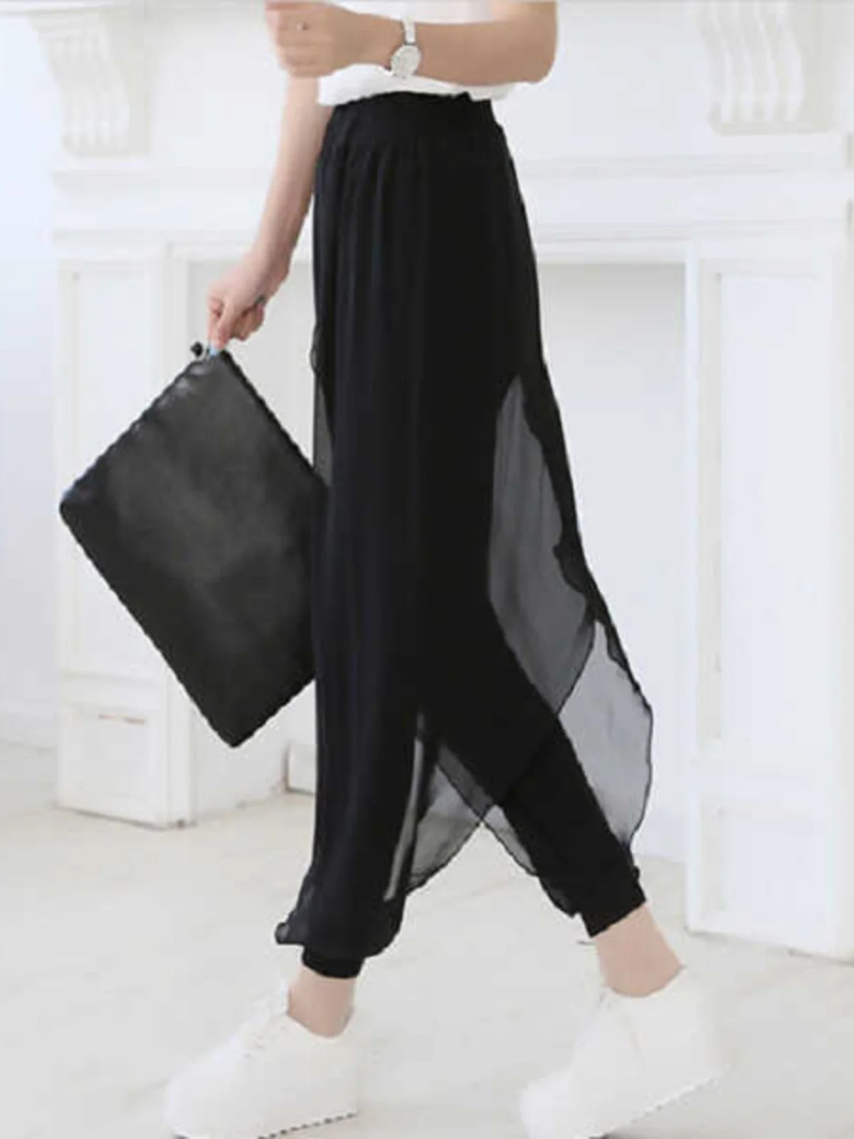 Casual Harlan Pants Black Gauze Splice Chiffon Elastic Waist Lantern Pants Draping Pants Fake Two-Piece Pants Korean Style
