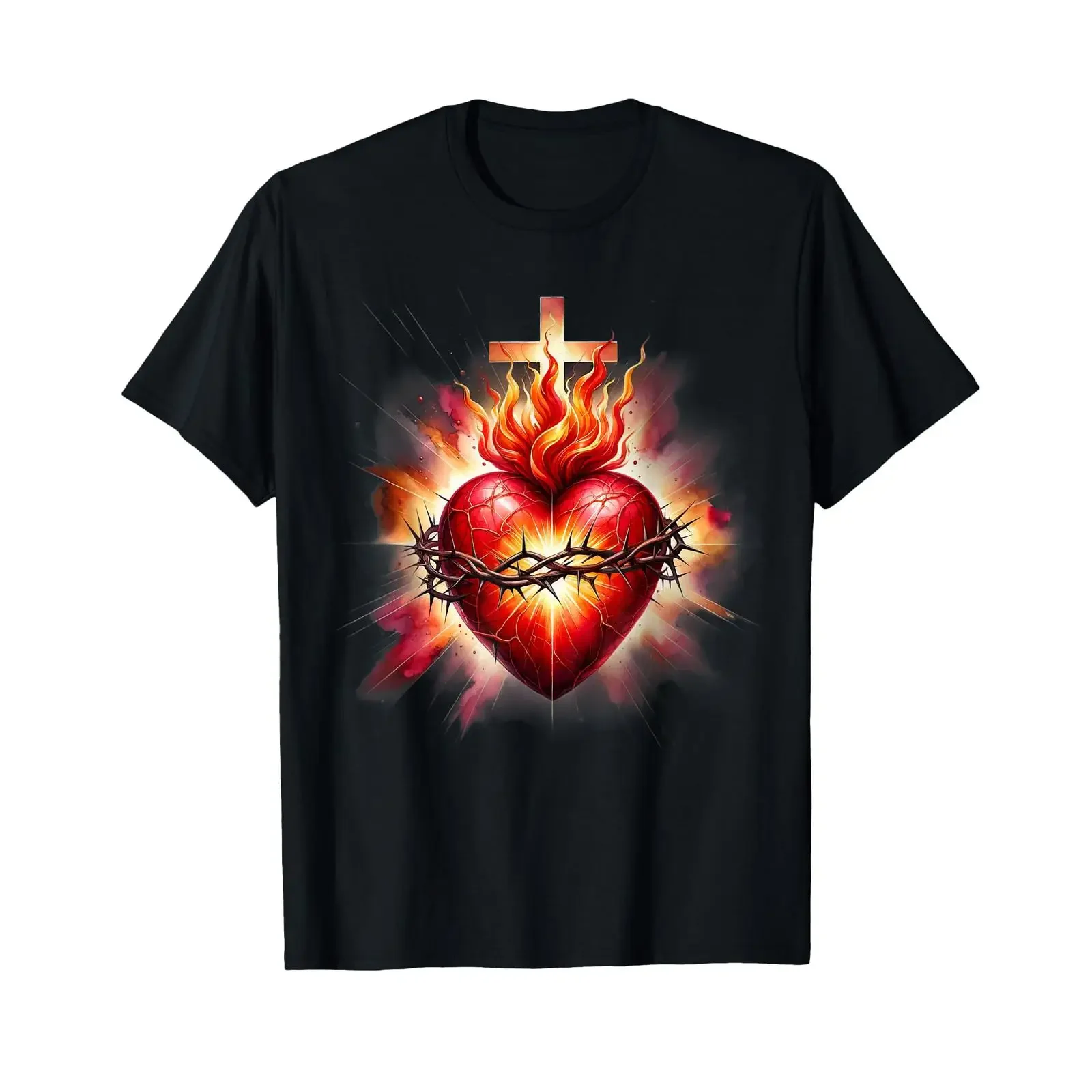 T-shirt vintage Cœur Sacré de Jésus, dévotion catholique, foi, graphique délavé, polyvalent, streetwear homme, élégant, unisexe
