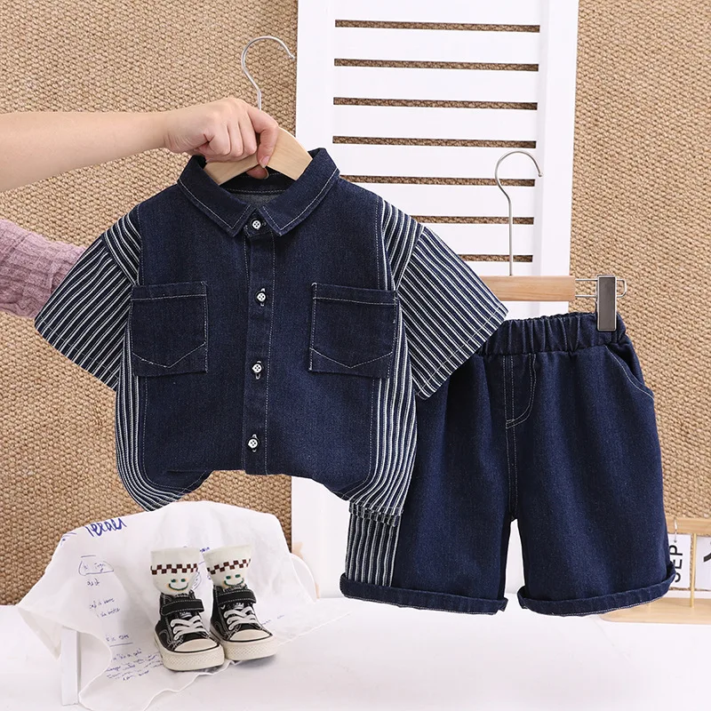 0-5 Year Old Toddler Boys Summer Outfit 2025 New Korean Baby Boy Striped Denim Shirts and Shorts 2 Piece Set Children's Clothing