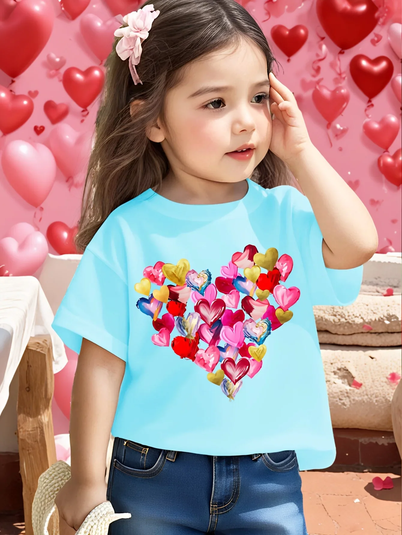 Girls Colorful Heart Cluster Graphic T Shirt Multicolored Balloon Hearts Print Short Sleeve Kids Valentines Casual Top