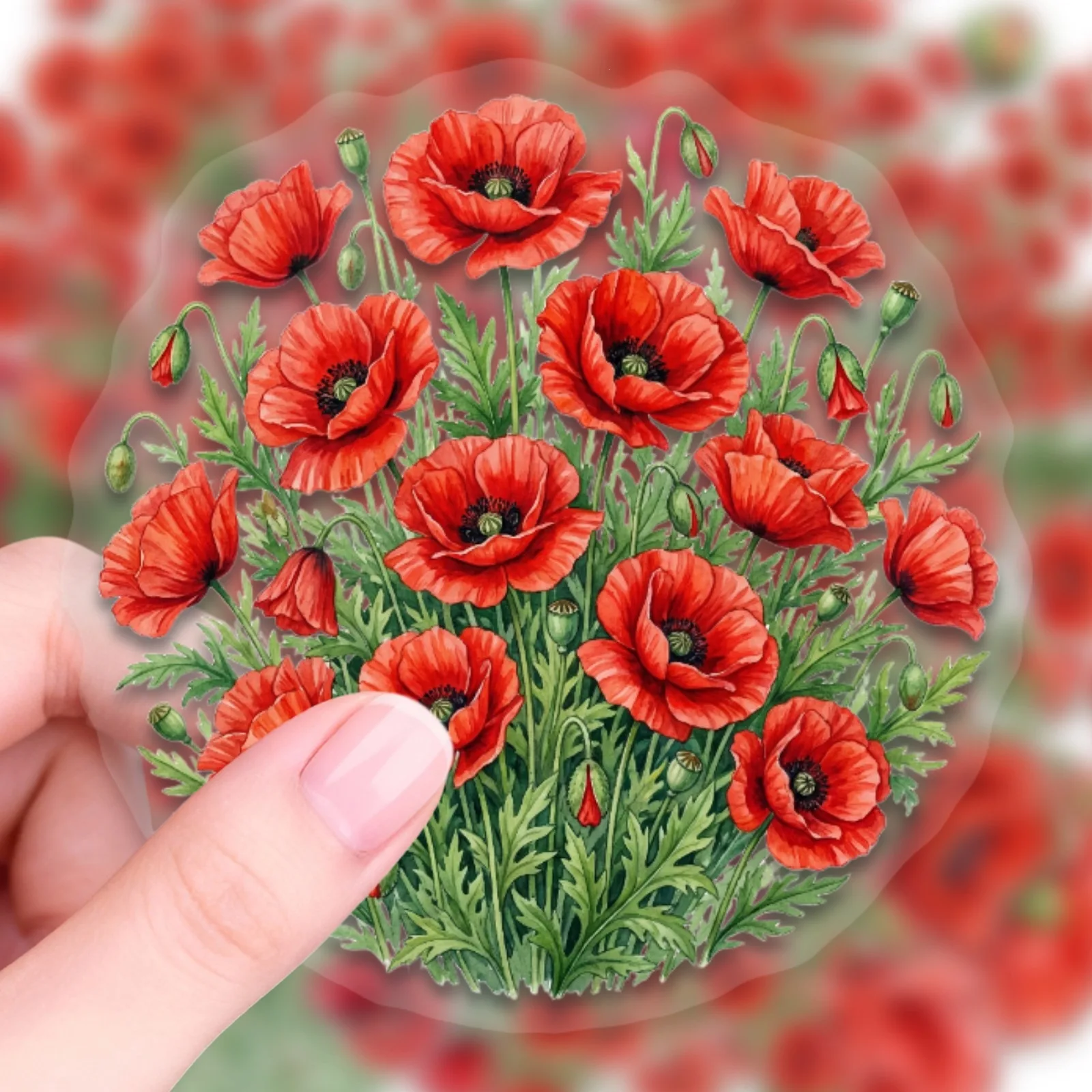 50PCS Elegant Bright Red Poppy Flower Stickers Watercolor Artistic Floral Pattern Transparent PET Decals DIY Journal Decor
