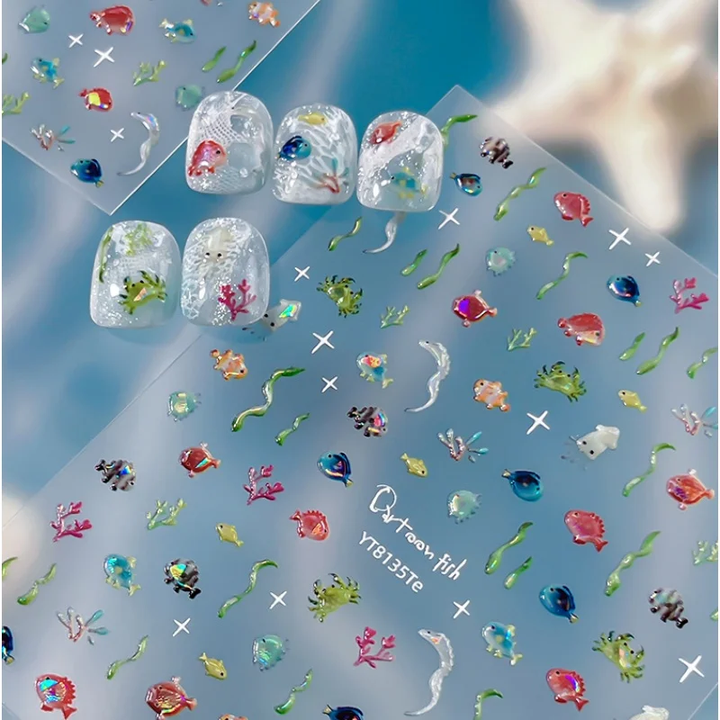Colorful Summer Ocean Nail Sticker Cute Fish Seaweed Self Adhesive Nail Art Sticker Decorations Parts Press On Nails DIY Decals