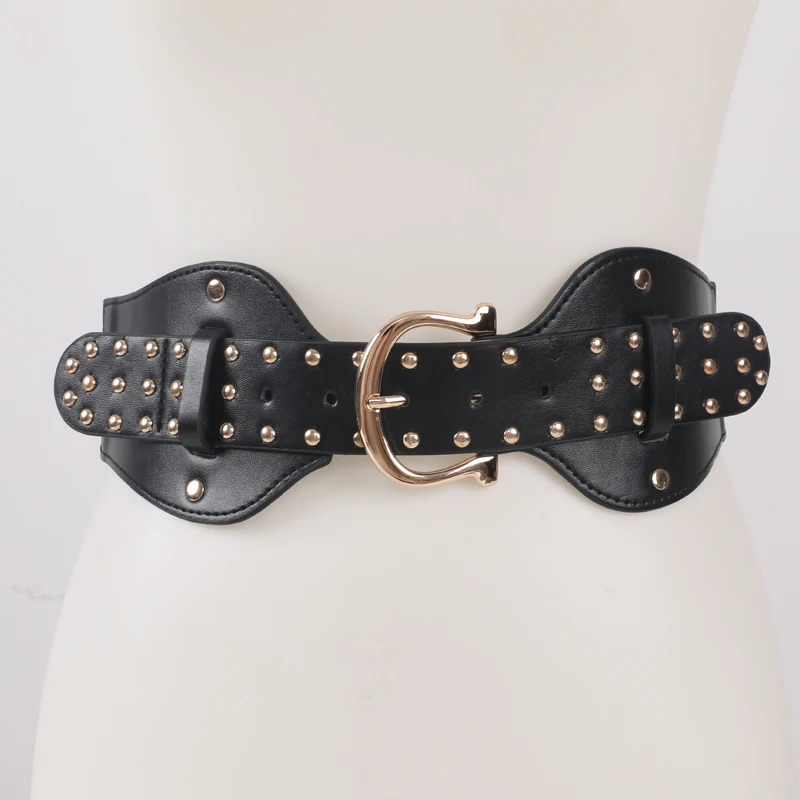 

GOOWAIL 6cm Wide Women's Stretch Elastic Bands Belt For Club Outfit Ladies Dress Black PU Leather Fashion Waist Seal With Rivet