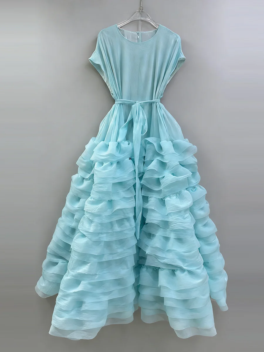 VGH Elegante Gesplitste Tiered Ruches Jurk voor Vrouwen O Hals Mouwloos Patchwork Lace Up Slanke Formele Avond Bladerdeeg Jurken Vrouwelijke