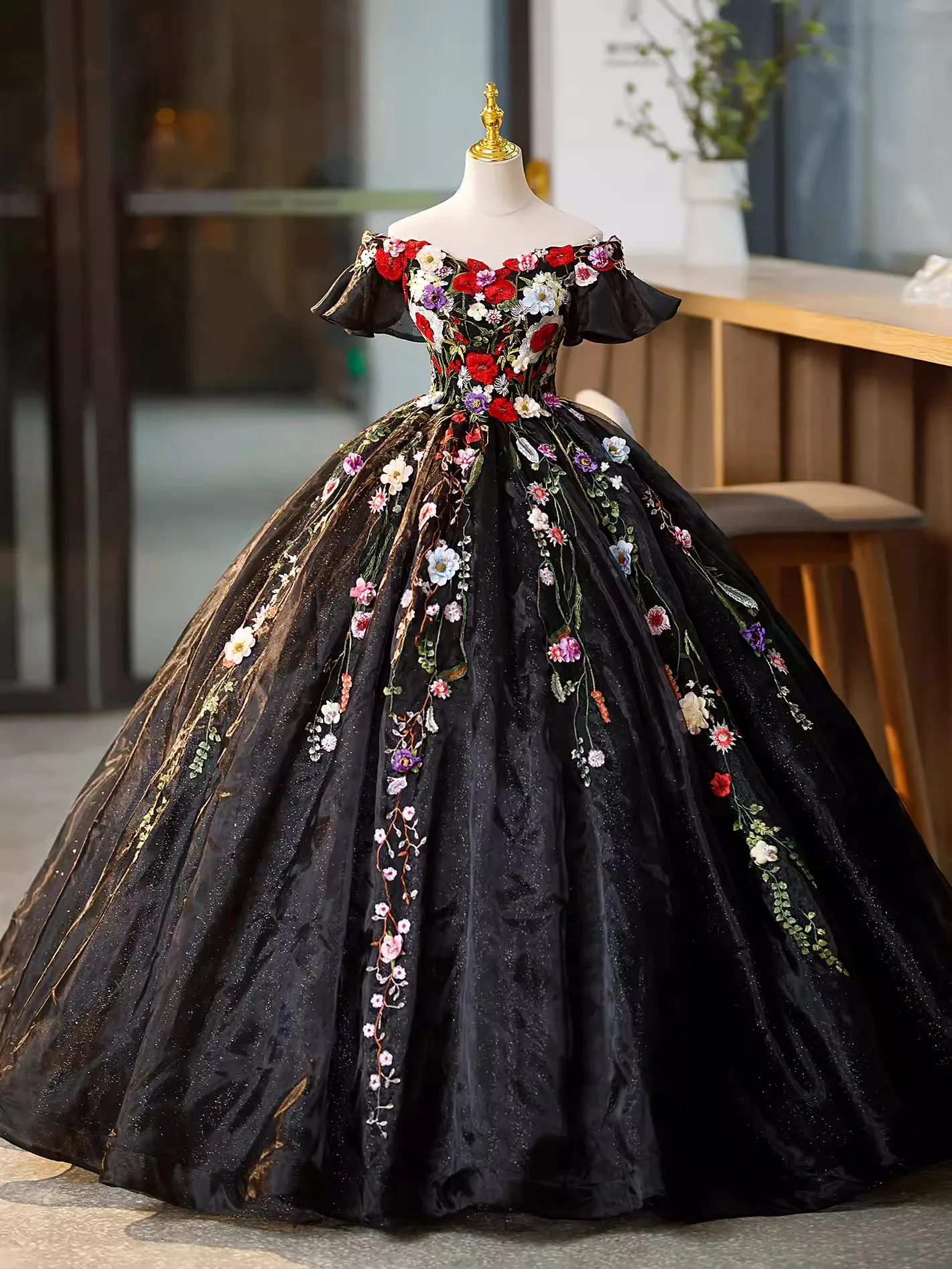 Vestidos de quinceañera negros góticos con imagen Real, sin hombros, apliques de flores con cordones, dulce 15 16, vestido de fiesta de cumpleaños de Graduación