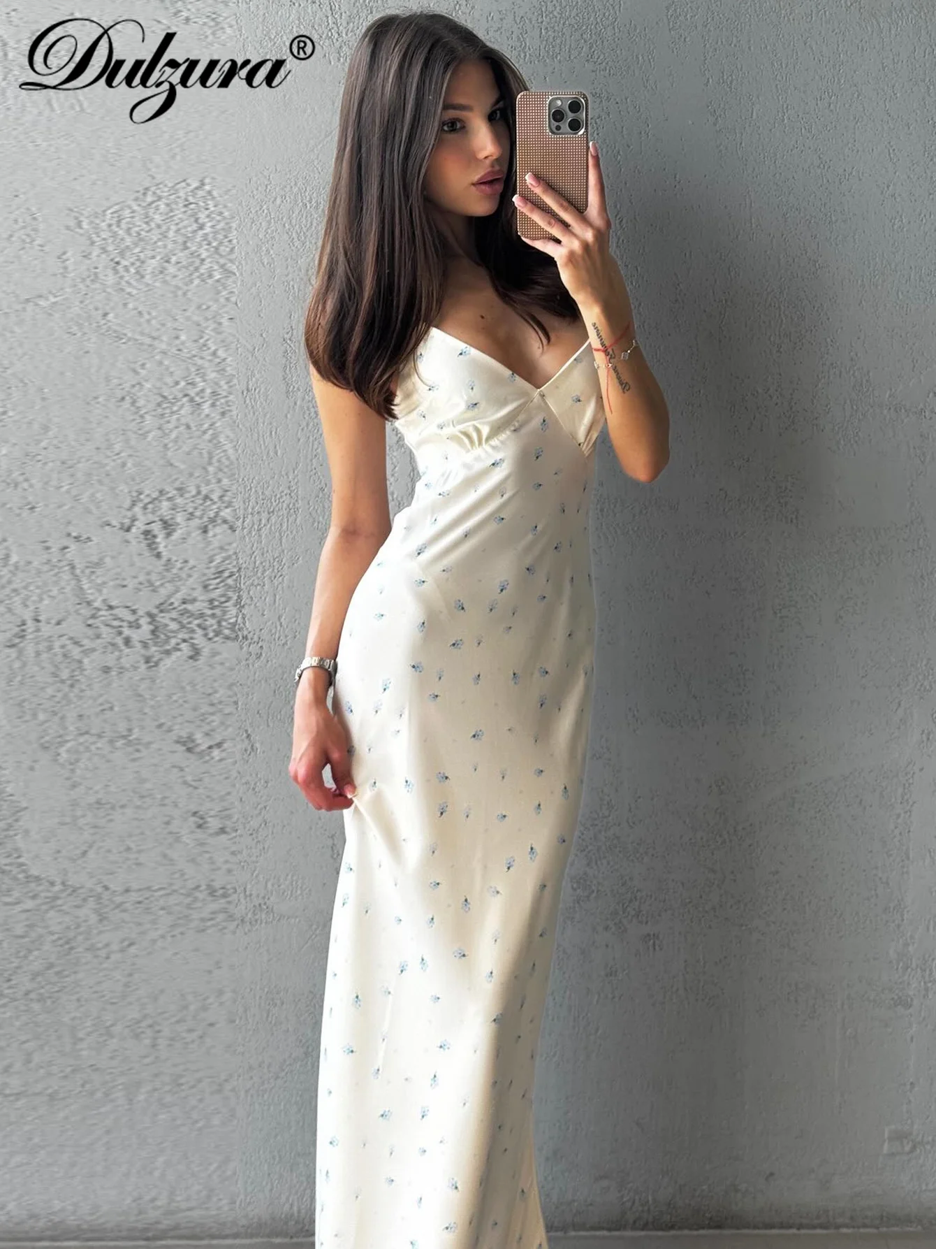 Dulzura Abito lungo da donna senza maniche, senza schienale, vestibilità slim, con spacco laterale, cerniera, stampa Cami, abito lungo, sexy, elegante, casual, abiti da festa