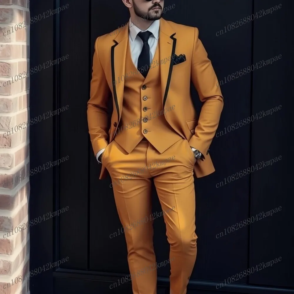 

Dark Yellow And Black New Formal Men Suit Groom Groomsman Wedding Party Prom Business Male Tuxedos 3 Piece Set Blazer Vest Pants