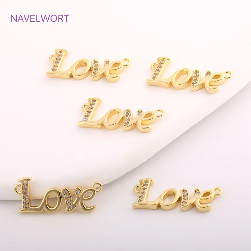 Colgante de amor de moda para la fabricación de joyas, conectores de letras de circón con incrustaciones de oro de 14K, piezas de fabricación de collares DIY