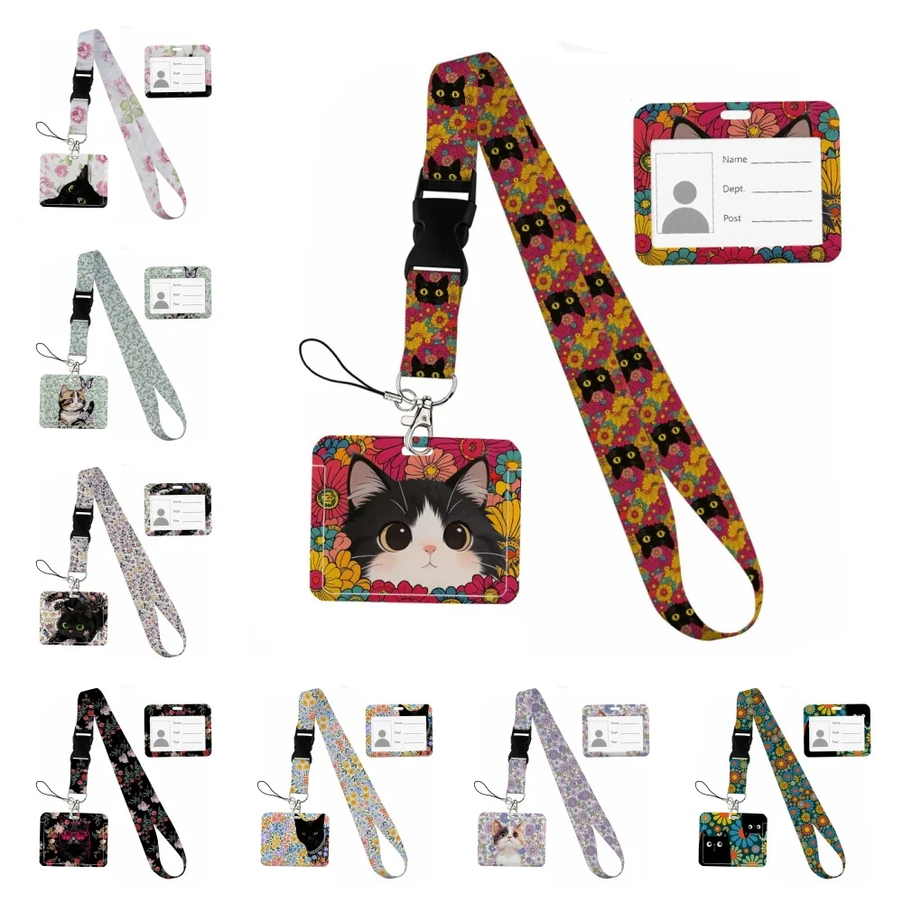 Kitten Is in the Flowers Print Ribbon Lanyards for Keys ID Horizontal Card Collectors Phone Straps Rope Students Badge Holder