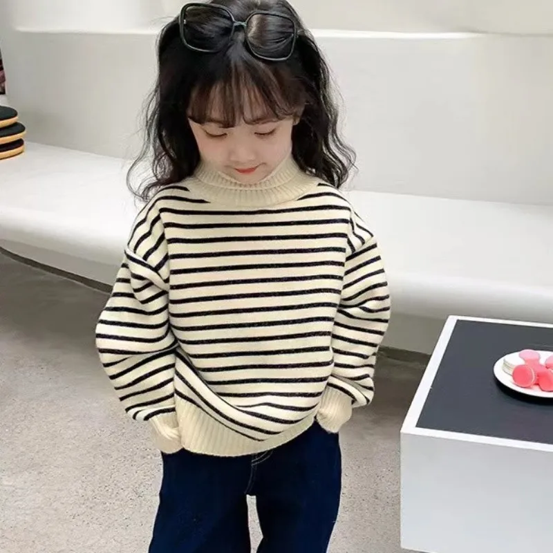 Children Autumn Winter Sweater New Fashion Boys Girls Striped Fleece Lined Turtleneck Base Layer Shirt Warm Knitwear