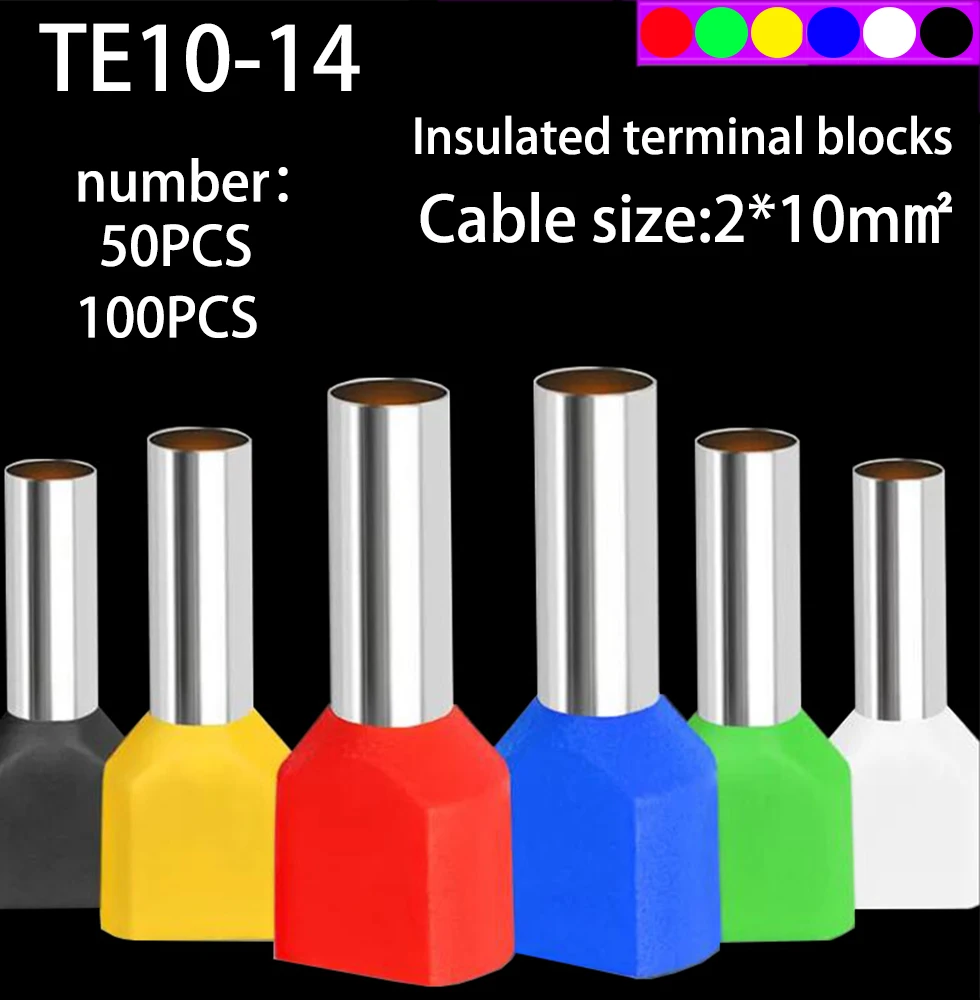 

TE10-14 Insulated TWIN CORD End Terminals Suit 2*10mm² Cable Wire Connector Crewel Tube Preinsulating Terminals 50/100PCS/Pack