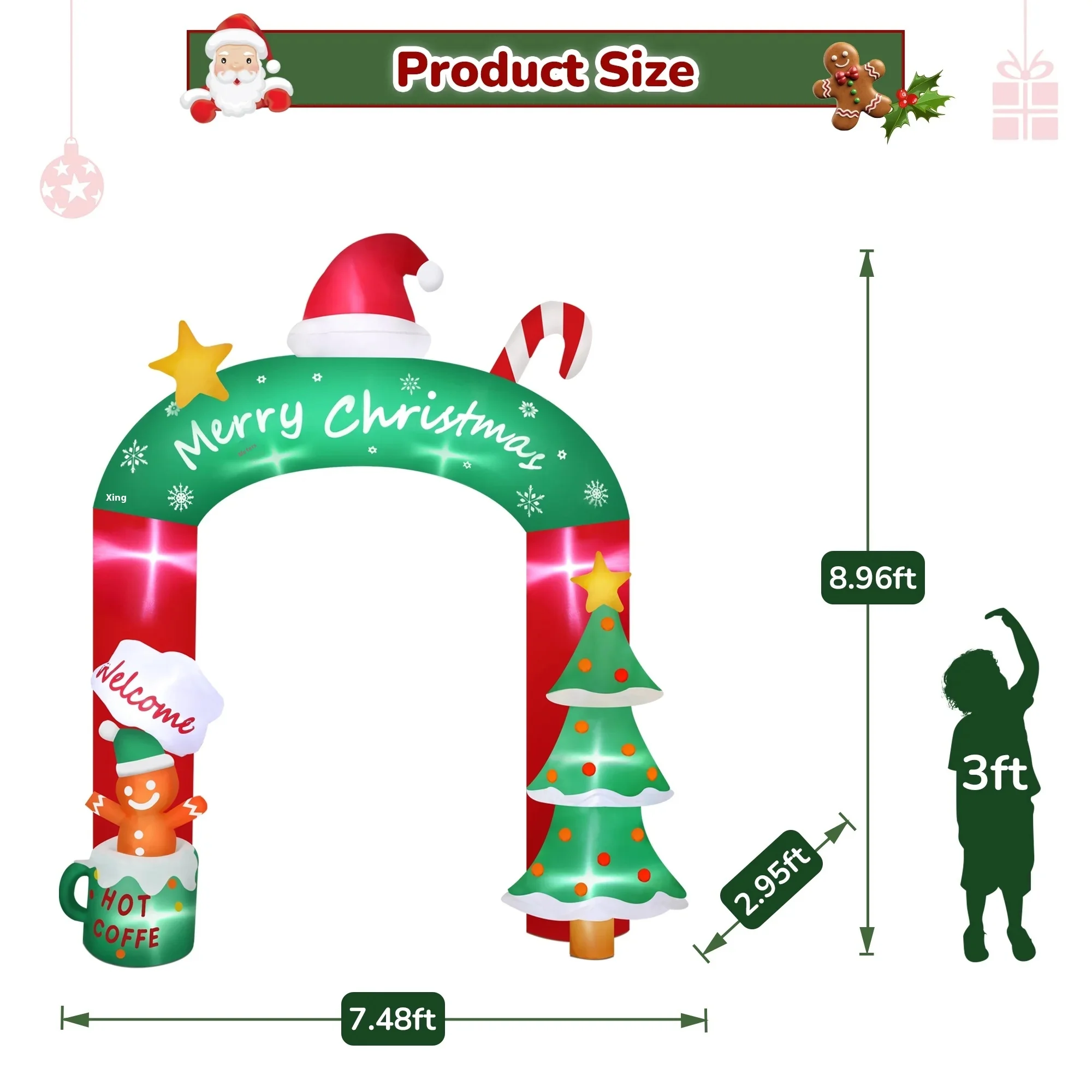2.7M/8.85FT Inflatable Christmas Tree and Little Gingerbread Man Christmas Arch Built-in LED Lights Outdoor Holiday Party Adorn