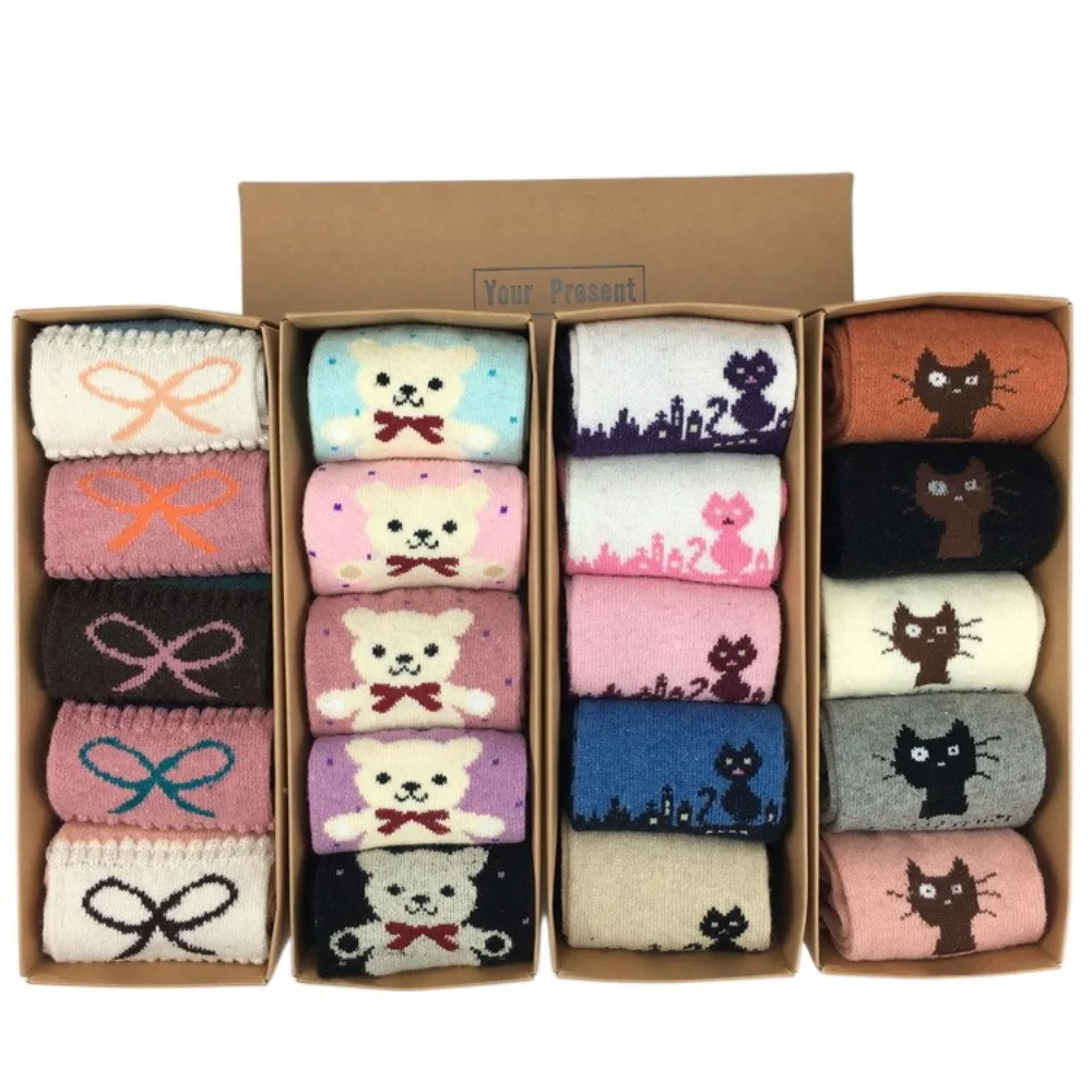 

5 пар милых шерстяных рождественских носков с бантом, женские носки с медвежонком, утолщенные рождественские елочные домашние носки для сна, зимние