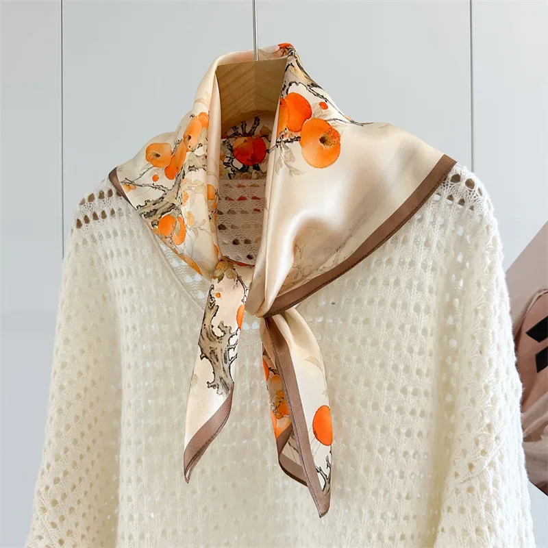 Persimmon Fruit 100% Mulberry Silk Square Scarf for Women Neck Warmer Soft Korean Style Wrap Gift Elegant Daily All Season Chic