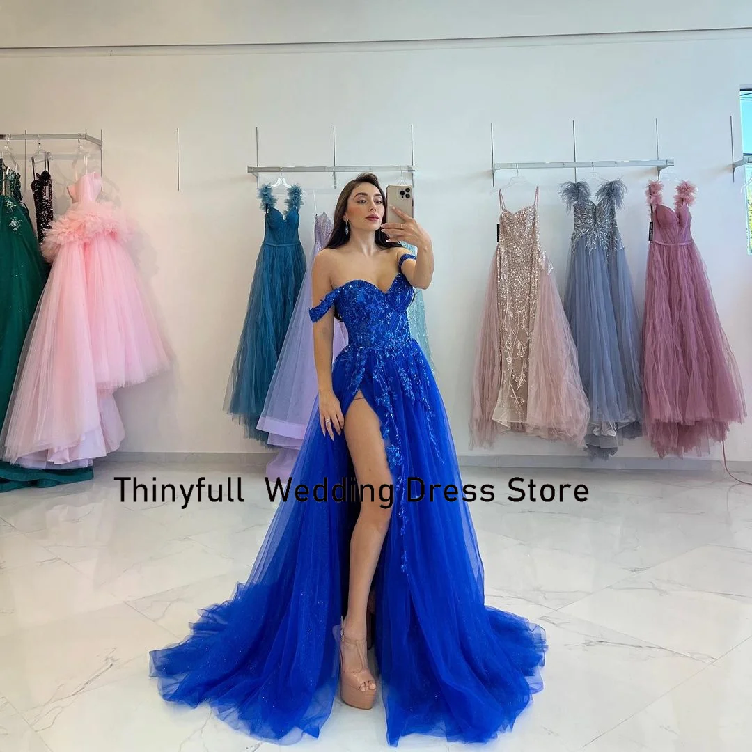 Thinyfull Tulle Evening Dresses Sweetheart Off Shoulder Prom Dress A-line Appliques Split Formal Occasion Gowns Robe De Soirée