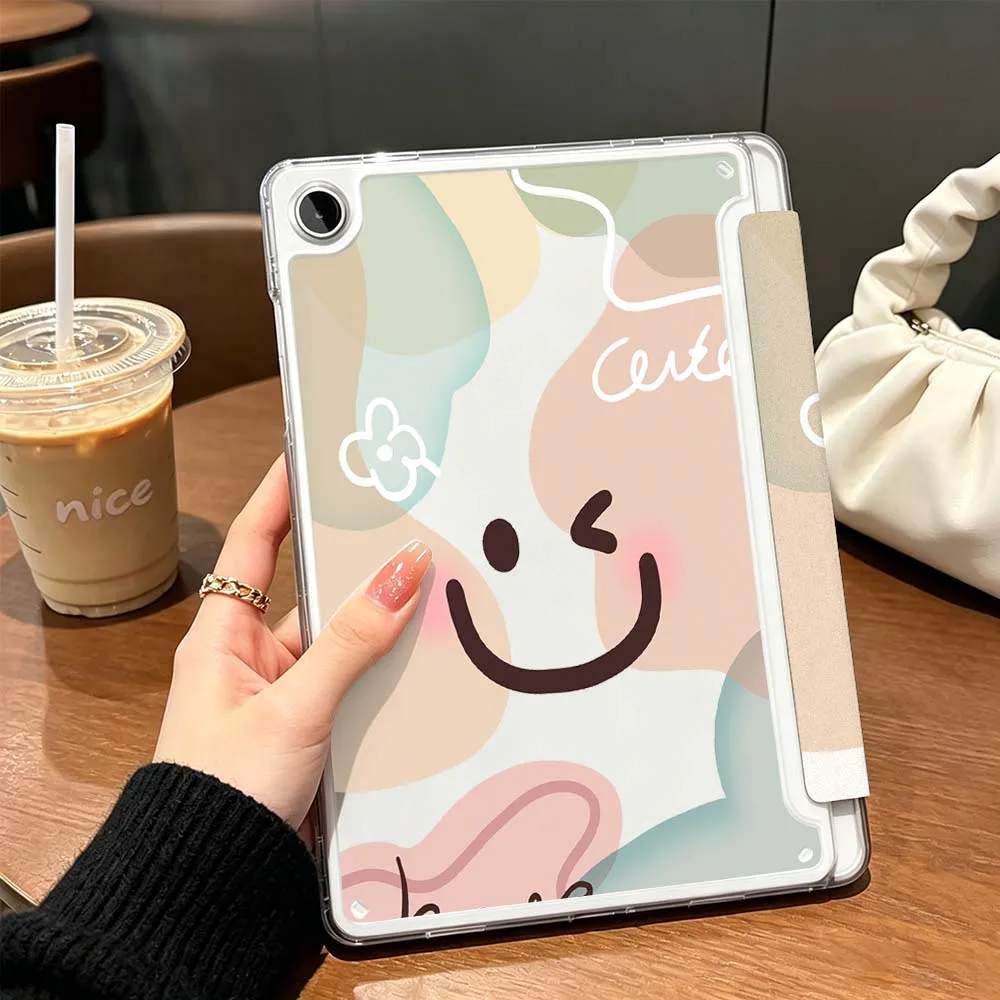 Cartoon Happy Face Art For Samsung Galaxy Tab A9 A8 A11 S6 S7 S8 S9 S10 FE Plus Lite Transparent Y-Shaped Folding Tablet Case