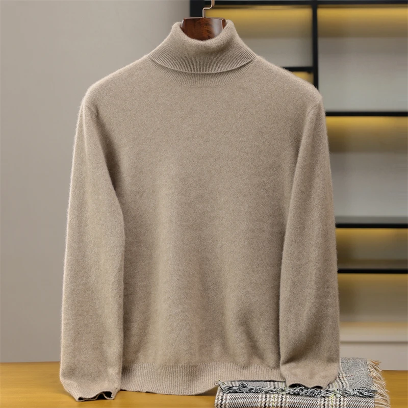 Men's 100% Pure Cashmere Sweater Casual Solid Color Knitted Pullover Loose High Collar Autumn/Winter Warm Top