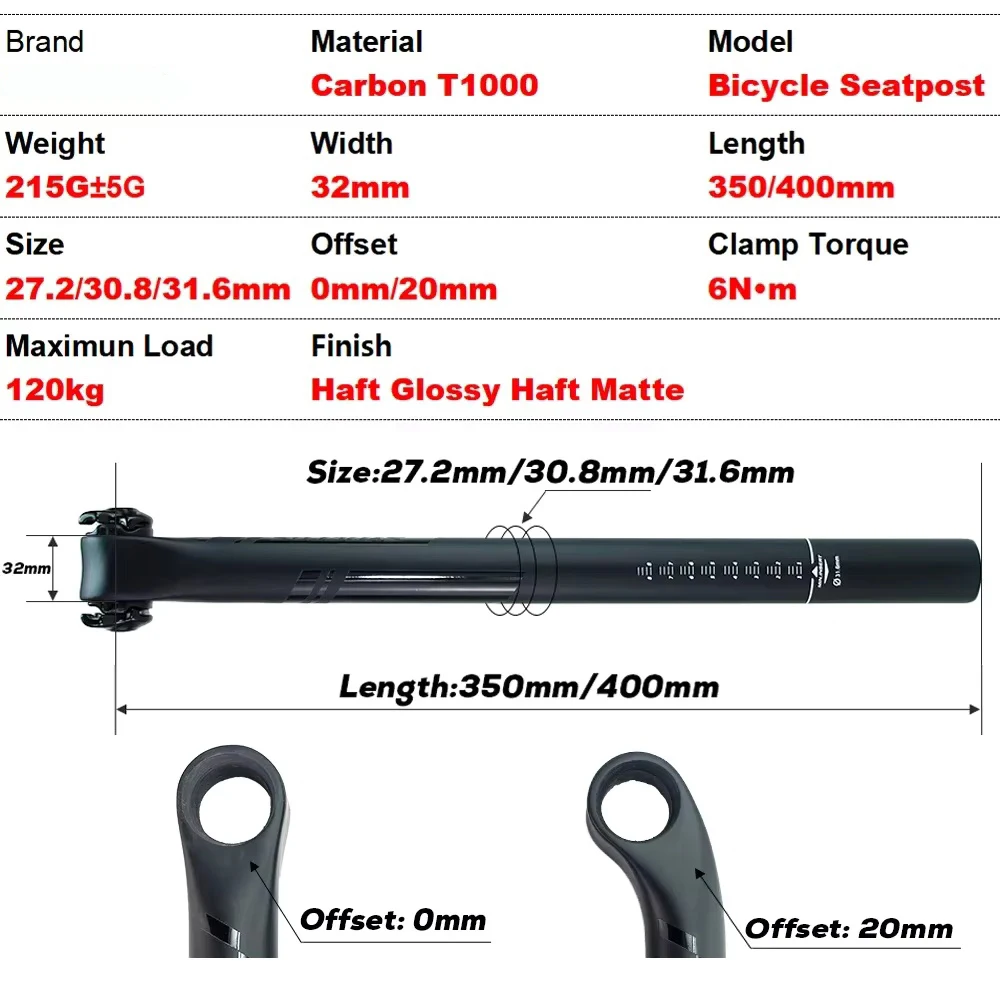 Carbon Seatpost Half Matte Half Gloss MTB/Road Bike Seat Post Length 350mm/400mm Bicycle Parts 27.2/30.8/31.6mm
