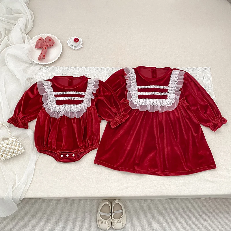 2026 Baby Mädchen Roter Samt-Strampler Langarm Weißer Spitzen-Rüschen-Body Neugeborenen Prinzessin Party Weihnachtsoutfit 0-24M – Detail 18