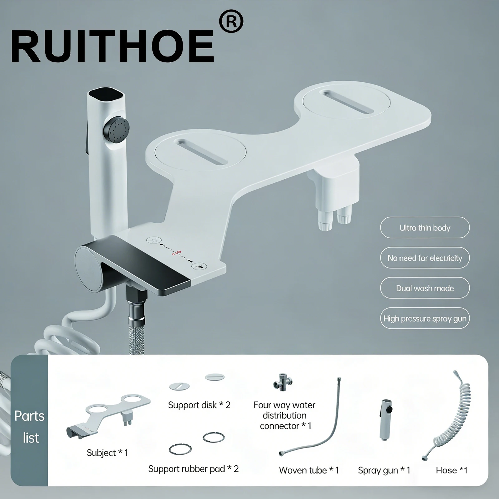 Bidet Attachment Ultra-Slim Toilet Seat Attachment Dual Nozzle Bidet Adjustable Water Pressure Non-Electric Ass Sprayer