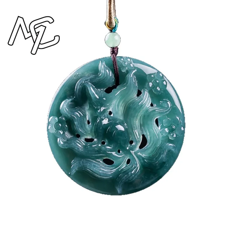 Real Natural Blue Water Jade Nine Tailed Fox Fairy Pendant Necklace Carved Charm Jadeite Jewelry Fashion Amulet Gifts Men Women