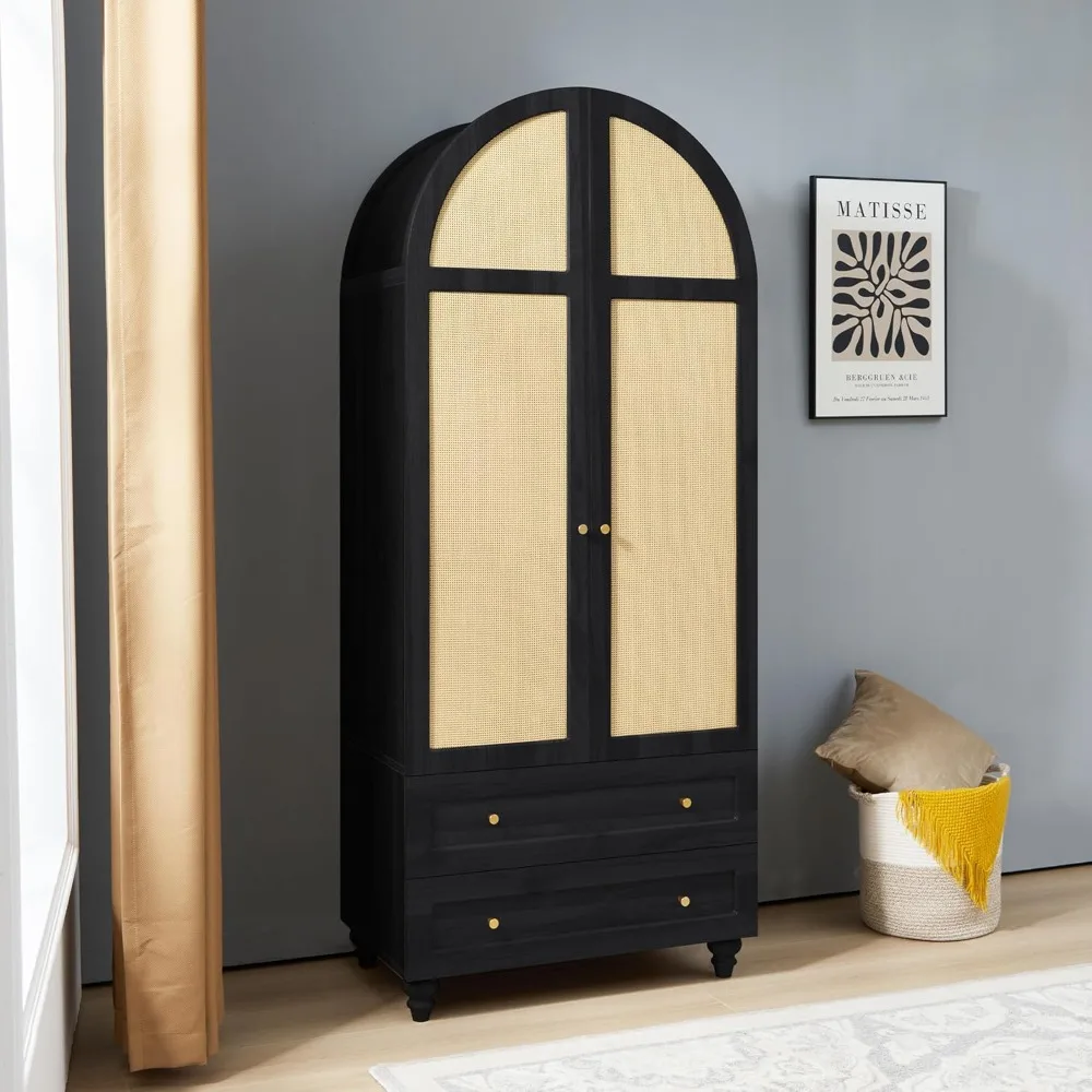 Wardrobe Closet, Rattan Freestanding Bedroom Armoire 2 Drawers and Hanging Rod, 74.8” Tall Wardrobe Storage Cabinet (Black)