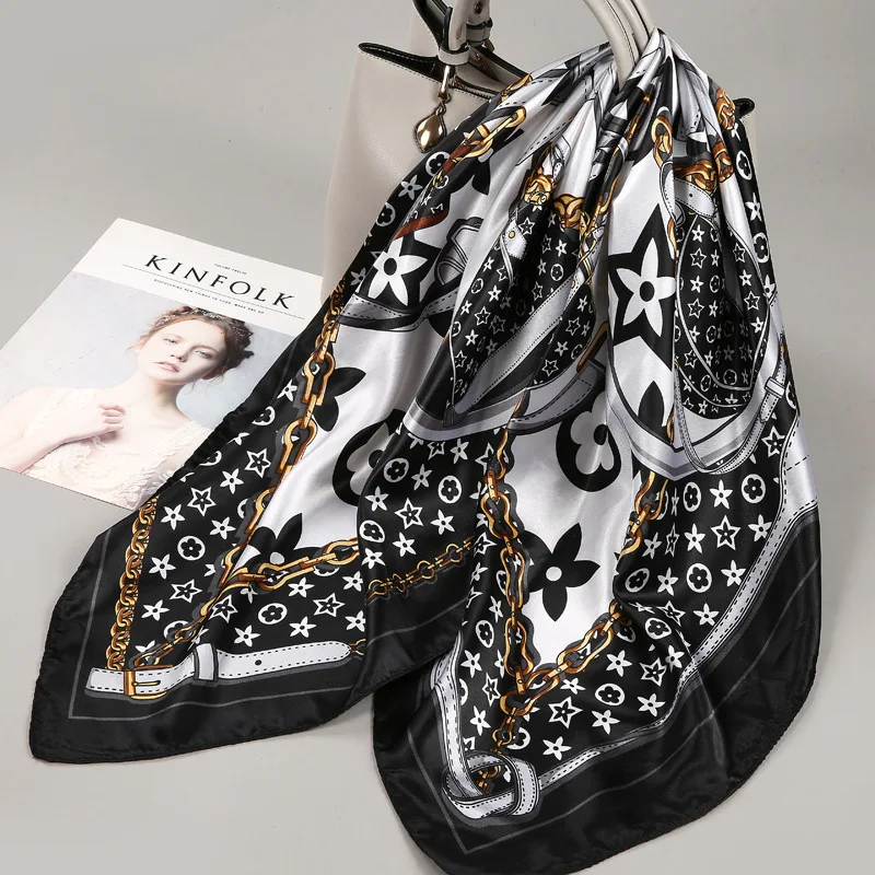 Light luxury 90 Silk scarf imitatingly printed with black and white stripes large square shawl New Year gift