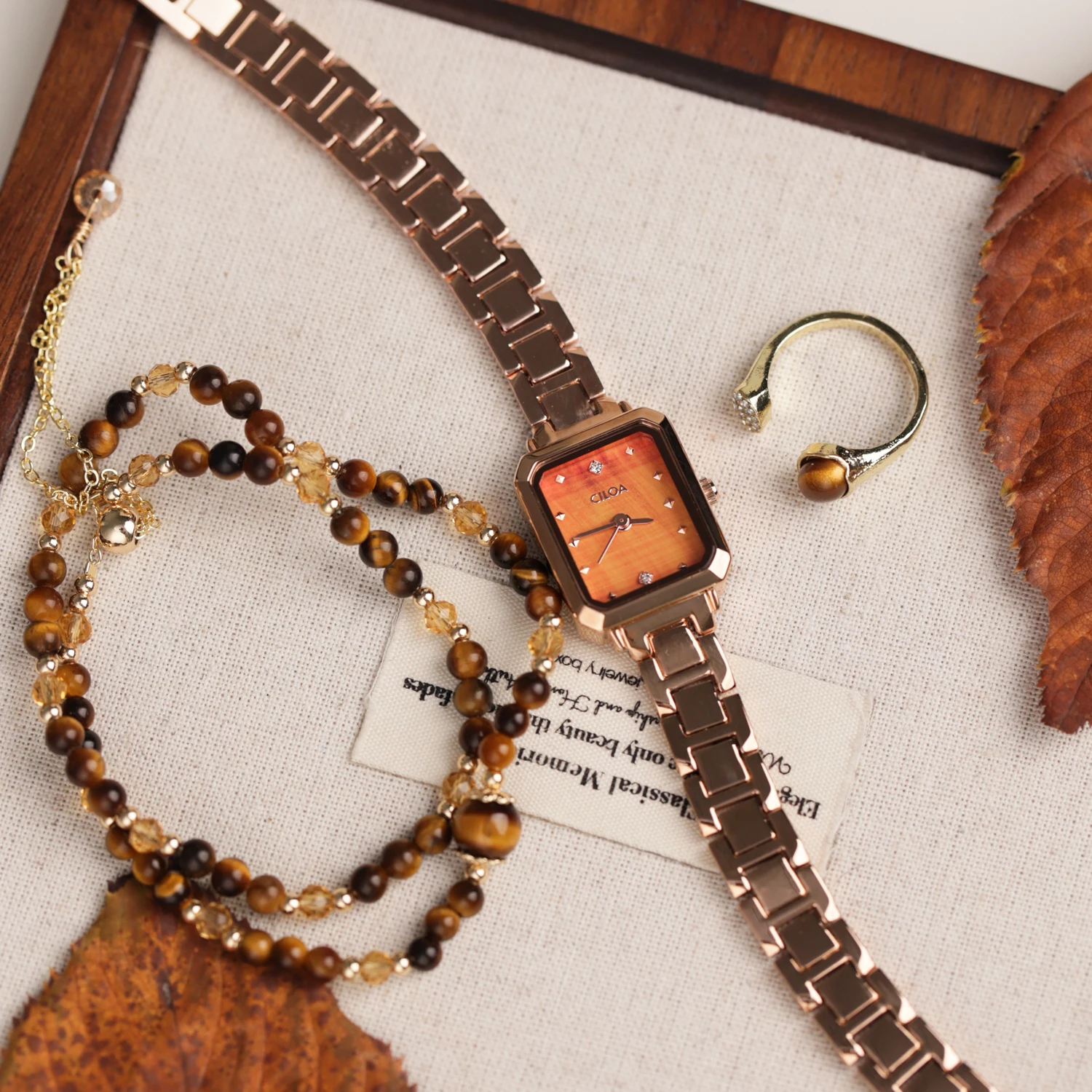 CILOA-Women Retro Square Watch, Amber Gradient Dial Rose Gold Band Quartz Wristwatch-748