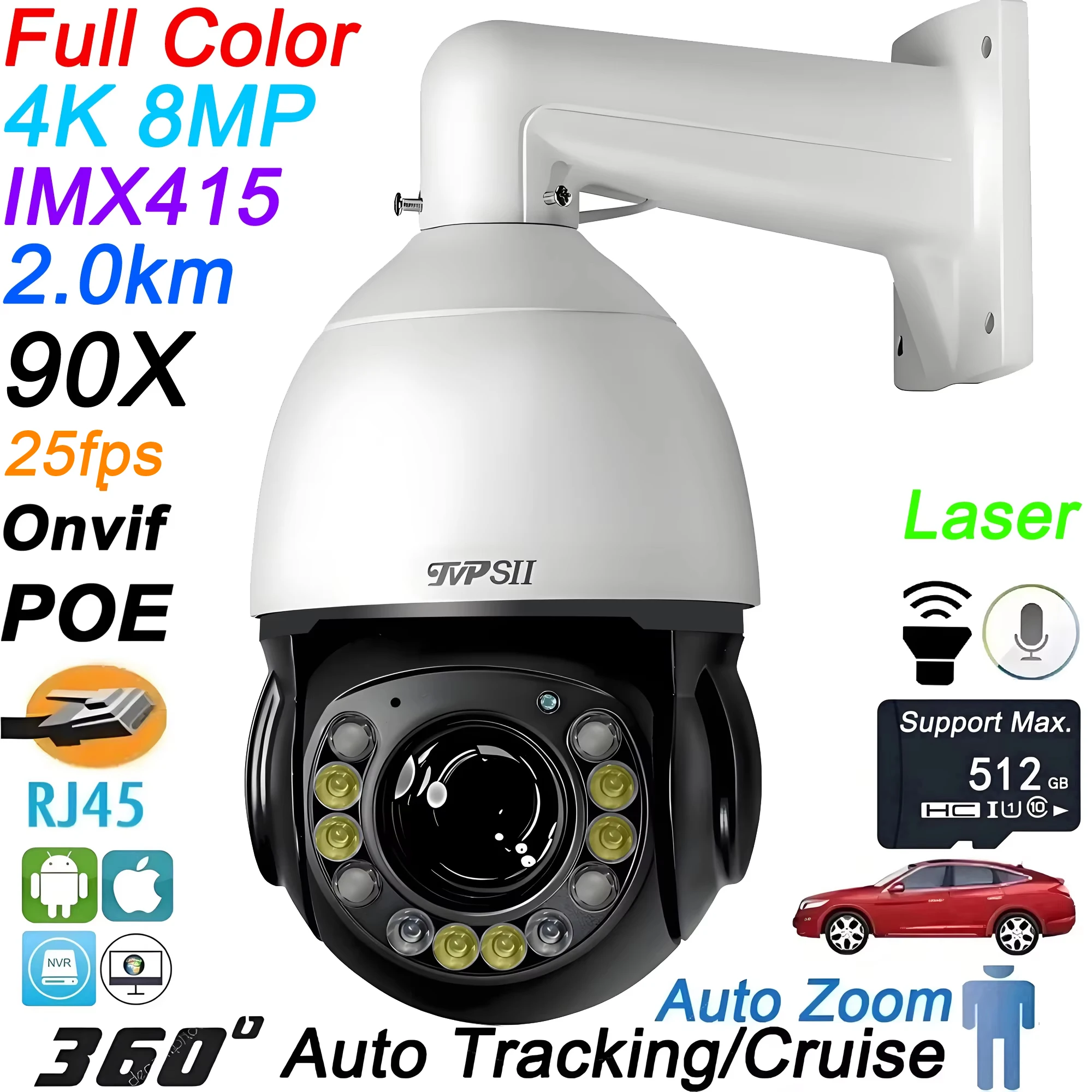 Onvif Metal Full Color Infrared Auto Tracking 8MP 4K 25fps 90X Optical Zoom 360° Audio POE PTZ IP Surveillance Speed Dome Camera