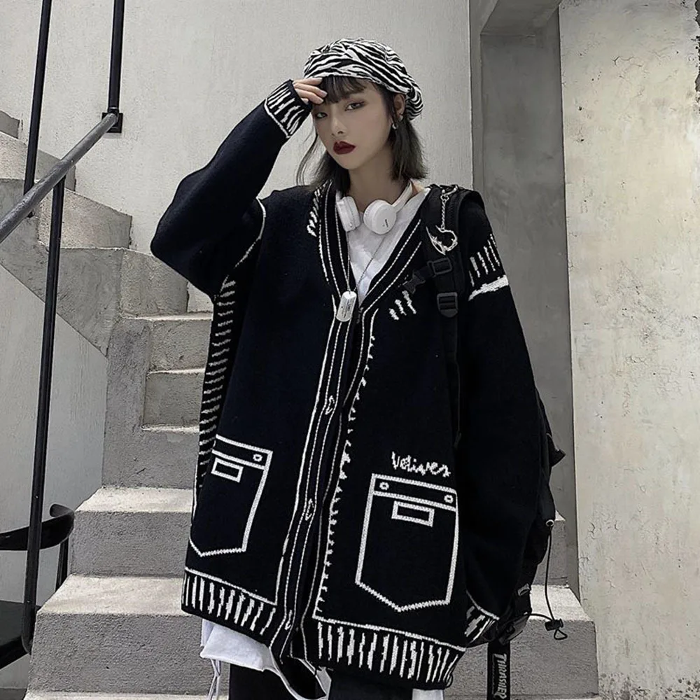 Spring Autumn Print Graffiti Unique Cardigan Women Loose V-neck Long Sleeve Sweater Jackets Knitted Female Cardigans Coat Y2k