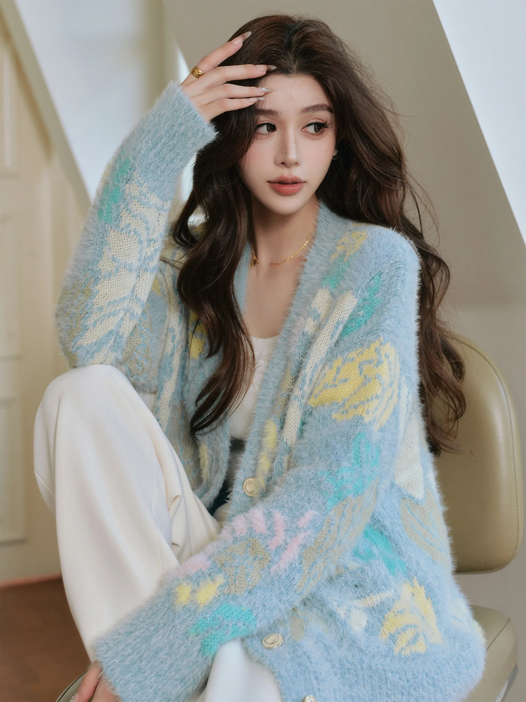 

Loose V-Ne Knitted Long Sve Color Blo Sweater Cardigan Women's Luxury Sle Casual Wear Wool Blend Comfortable Fit