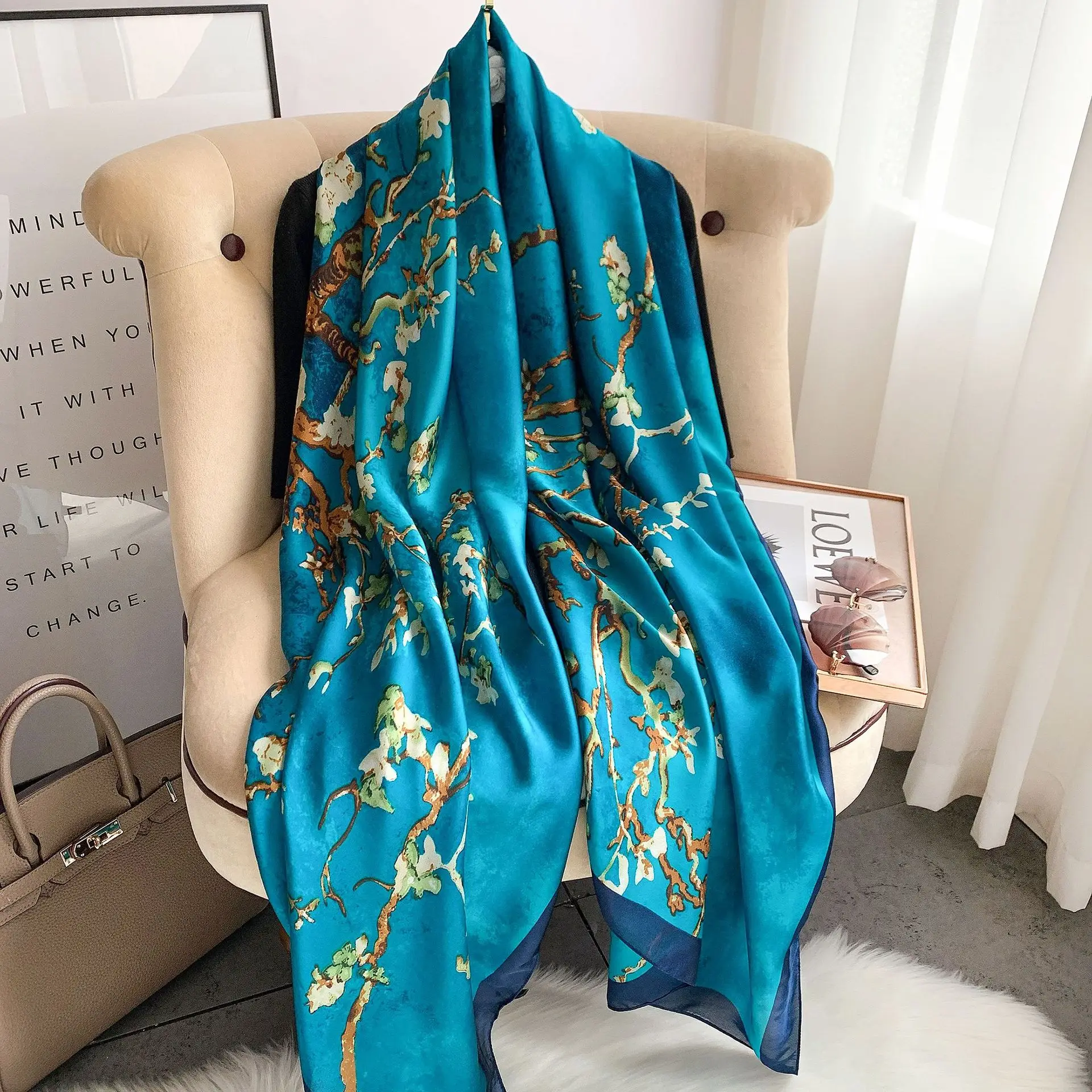 90x180cm Fashion Woman Silk Feeling Scarves Satin Plum Blossom Long Scarf Wrap Ideal Choice for Gifts