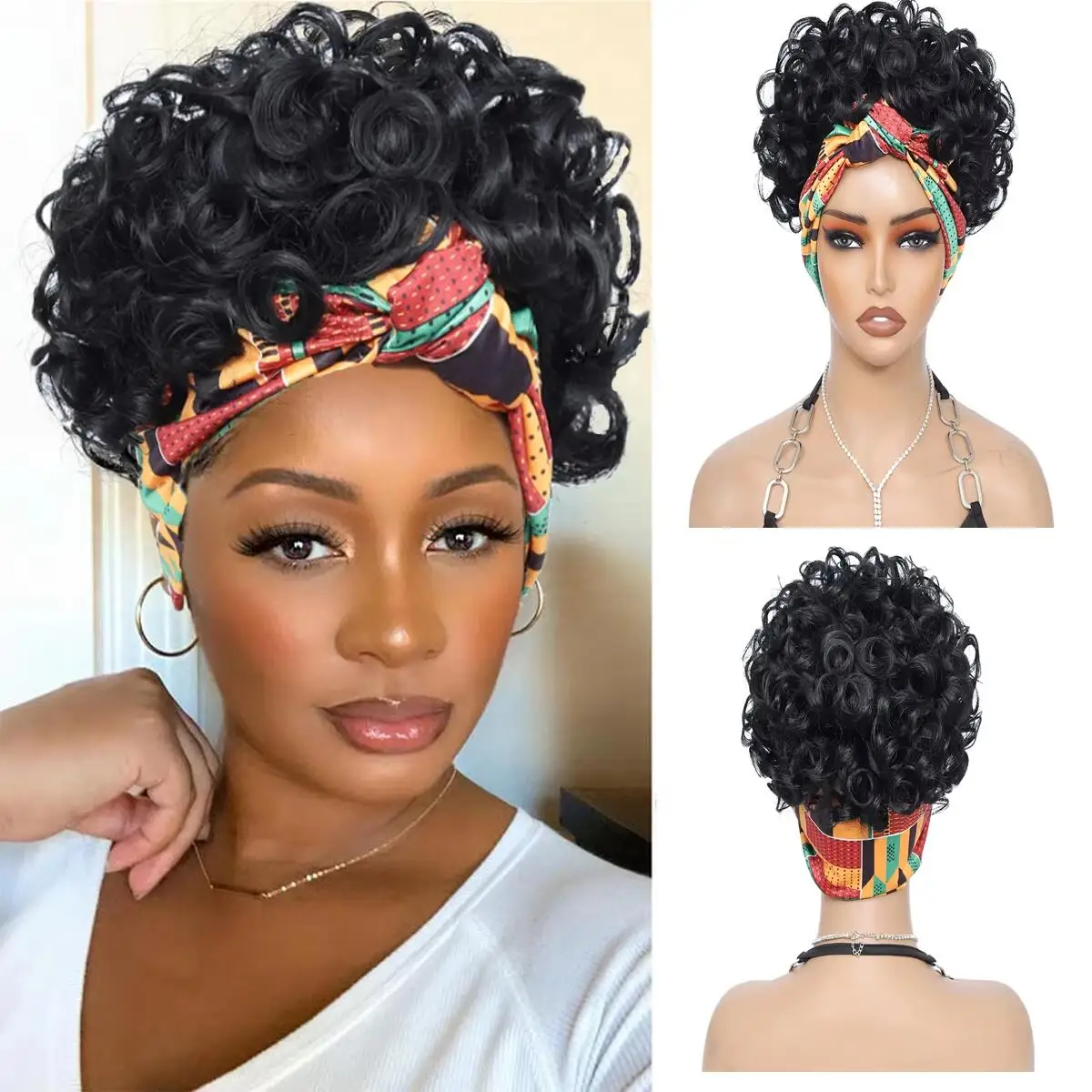 

women's curly wig, made with African short ribbons and curly ribbons, black synthetic wig without curly bangs