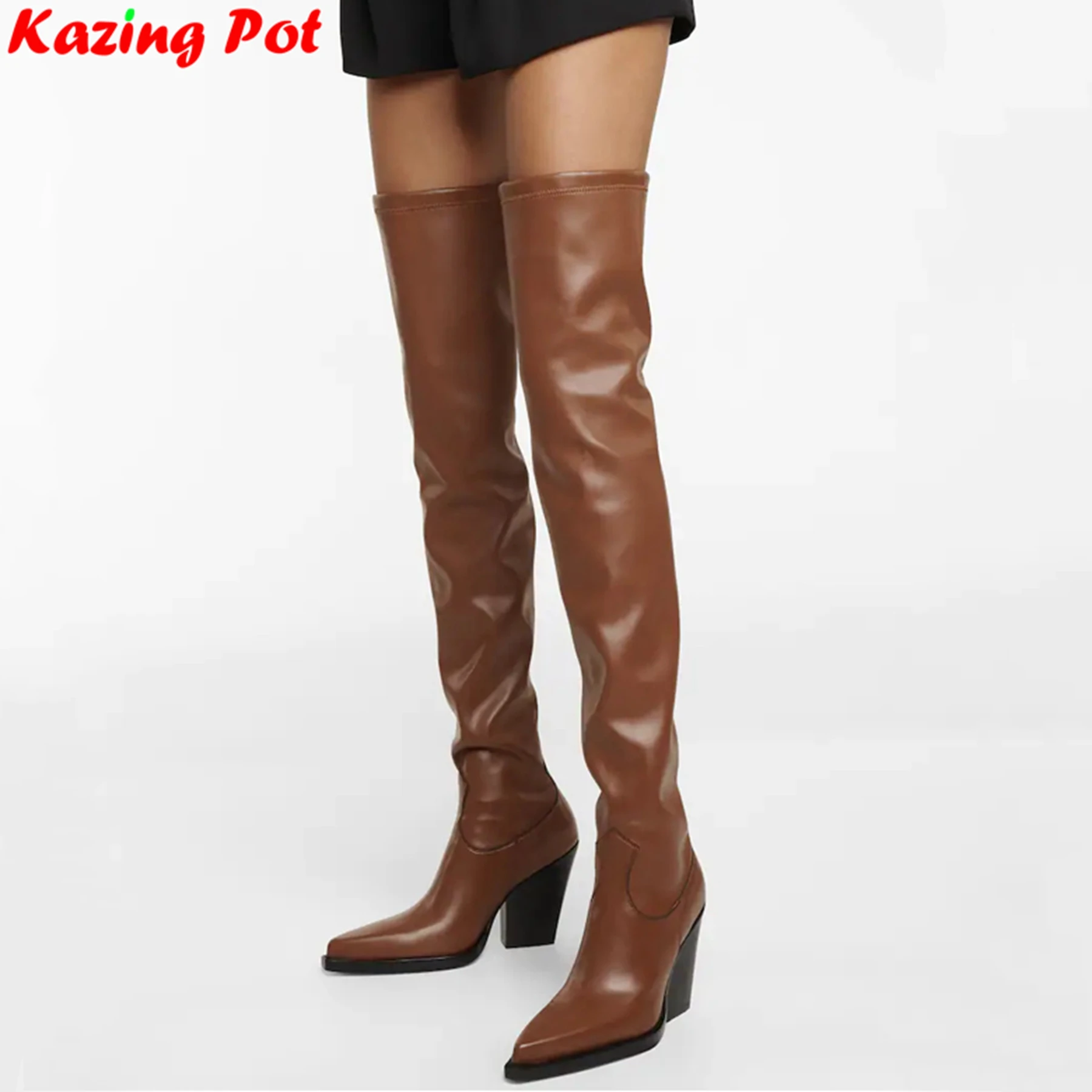 

Krazing Pot Plus Size 33-46 Leather High Heels Modern Long Boots Runway Party Nightclub Warm Winter Women Over-the-knee Boots